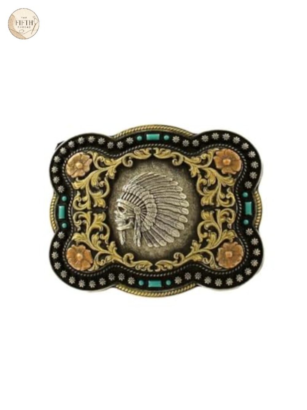 Antique Silver Western Belt Buckle Indian Chief Skull Floral Scroll Cowboy